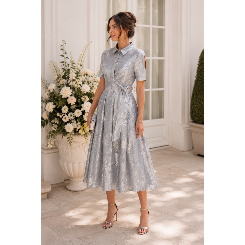 Teri Jon Rickie Freeman Silver Metallic Jacquard Belted Shirt Dress Size 10